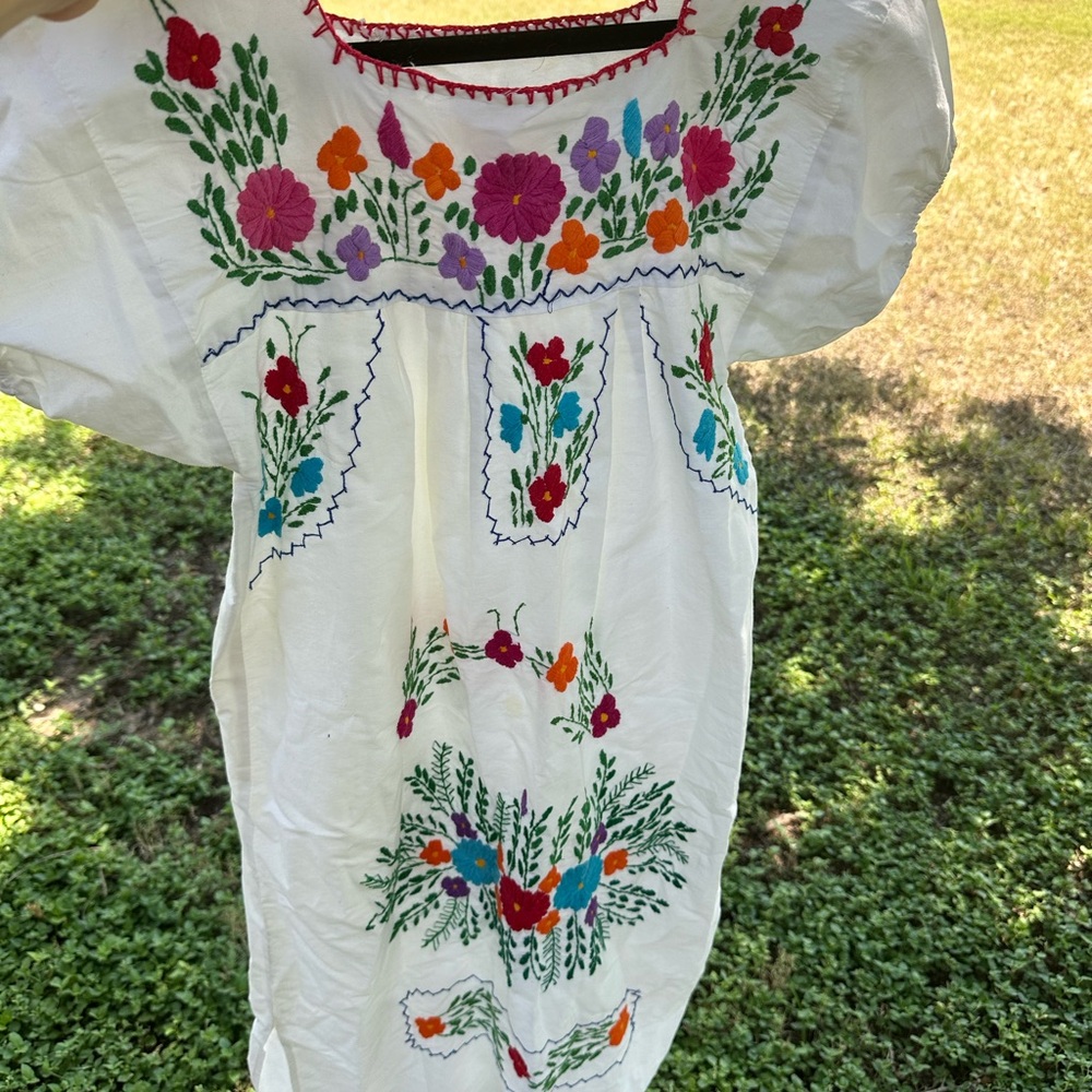 Hand Embroidered Dress - White with Multicolor Accents